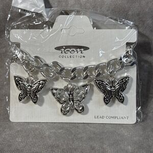 Icon Collection Butterfly Charm Bracelet Silver Tone White Crystal
